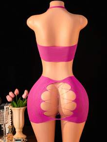 两件套女士性感内衣套装，露背吊带镂空上衣搭配迷你裙，轻薄透气，聚拢舒适，贴身睡衣套装 - 玫瑰紅 - 查看 2