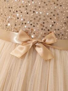 Girls Sequin Asymmetric Shoulder Lightweight Dress, Elegant Multi-Layer Tulle Bow Decor Princess Dress For Big Tween Girl - Gold - View 6