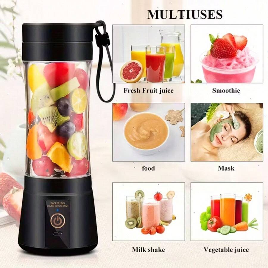 Black Ultra-Portable Compact Cordless USB Rechargeable Personal Blender - 380ml Capacity, 15000RPM High-Speed Motor With 6 Powerful Blades For Silky Smoothies & Shakes - Ideal For On-The-Go Picnics, Gym Sessions, And Outdoor Adventures - 黑色MINI - 查看 1