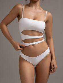 XLLAIS 性感镂空白色吊带背心，高弹双层瑜伽上衣，适合度假、派对等休闲夏季穿着 - 白色 - 查看 5