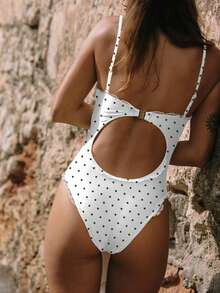 Women One-Piece Swimsuit Floral Lace Trim Spaghetti Strap Sleeveless Swimsuits Cute Padded Monokini Bathing Swimwear Suit Summer Beach Vacaion Outfits - 波點 - 查看 2