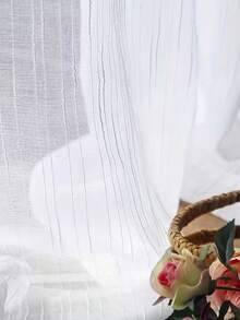 2/28片浪漫简约条纹薄纱窗帘，加厚半透明隐私遮阳帘，适用于阳台、客厅、卧室 - 白色 - 查看 1