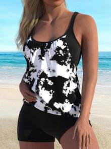 Black & White Tie-Dye Tankini Set - Multicolor - View 3