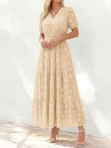 Women's Boho Maxi Dress, Summer Short Sleeve V-Neck Floral Flowy A-Line Long Dress, Formal For Wedding Guest & Baby Shower - 杏色 - 查看 5