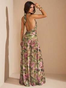 2026 Dresses For WomenBAE Sexy Minimalist Solid Yellow Cream Deep V-Neck Halter Bodycon Ruched Fitted Women's Maxi Mesh Dress, Suitable For Party, Cocktail, Formal Occasions, Bridesmaid, Birthday, Business Casual, Elegant Women Maxi Dress,Valentine's Day,Valentine Fits For WomenLoose And Comfortablevestidos - 綠色 - 查看 2