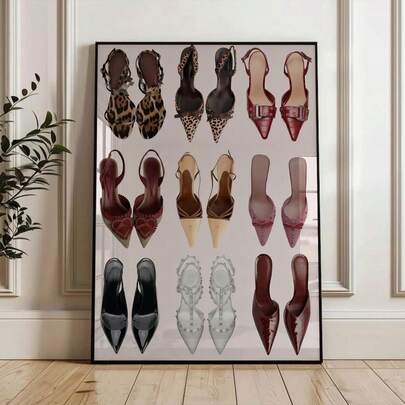 1pc Black & White Retro High Heel Shoes Wall Art Canvas Painting, Vintage High Heel Shoes Poster, Luxury Shoes Decor, Scandinavian Style High Heel Decoration For Living Room, Bedroom, Office, Women Gift, Framed Or Unframed