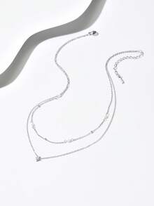 1pc Fashionable Double-Layer Hexagram Rhinestone & Pearl Stainless Steel Necklace, 18K Gold Plated Versatile Elegant Choker, Suitable Gift For Women, Valentine's Day, Mother's Day - Silver - View 8