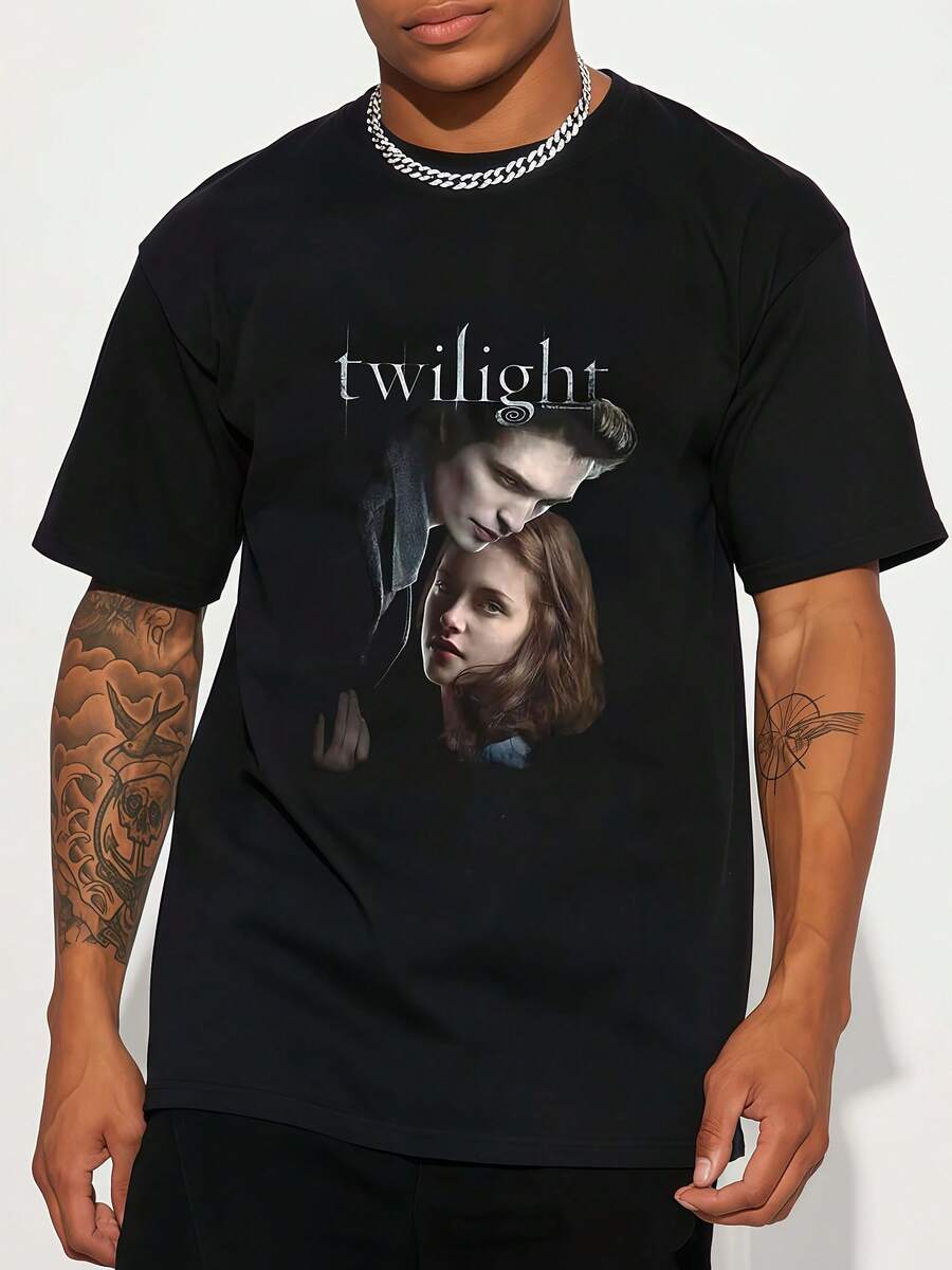 Short Sleeve T-Shirt With Twilight Pattern In Black Streetwear Suitable Short Sleeves, Casual Street Clothing, Unisex For All, Ideal Gift For Holidays & Birthdays, S-3XL - 黑色 - 查看 1