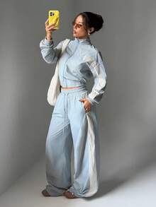 Bộ 1 áo khoác cổ đứng khóa kéo kiểu vintage + quần ống rộng, thời trang đa năng mùa xuân. - Màu xanh nhạt - Xem 2