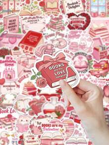 52张爱书人士贴纸，粉色叠书和可爱幽灵猫贴纸，精美文具贴纸，适用于日记本、手机壳，是送给爱书人士的理想礼物。 - 粉紅色閱讀 - 查看 2