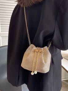 Women's Shiny Fashion Street Drawstring Bucket Bag With Chain Shoulder Strap - Gold - View 3