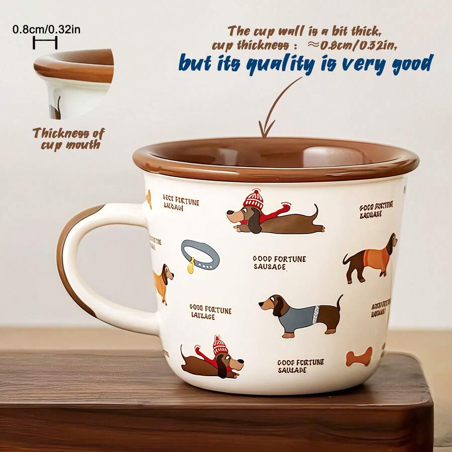 1 Stück Glücklicher Dackel Keramik Kaffeebecher, mit süßer Hund Illustration und Messmarkierungen, mikrowellengeeignet, nur Handwäsche, isoliert, geeignet für heiße und kalte Getränke, perfektes Geschenk für Hundeliebhaber | verspieltes Tiermotiv | strapazierfähige glänzende Keramik, Kaffee Bar Zubehör