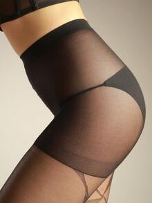 1双女士薄款黑色性感缎带不规则菱格纹复古蕾丝条纹连裤袜，亲肤舒适，适合情人节和日常穿着 - 黑色 - 查看 6