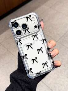 黑色蝴蝶结极简图案卡槽防震手机壳，兼容苹果17/16/14 Pro Max、时尚新款13、15、ins风12/12 Pro、11、15 Pro Max、16 - 白色 - 查看 3