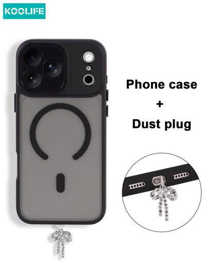 Koolife 2pcs Phone Case + Dust Plug Set: [1pc Magnetic Protective Phone Case, 1pc Rhinestone Butterfly Dust Plug], Built-In Lens Protector, PC+TPU, Wireless Charging Compatible, Matte Texture, Full Coverage Shockproof, Compatible With Apple11/11pro/11promx/12/12pro/12promax/13/13Pro/13ProMax/14/14Pro/14ProMax/14 Plus/15/15 Plus/15Pro/15ProMax/16/16Pro/16ProMax/16e/17/17Pro/17ProMax/17Air