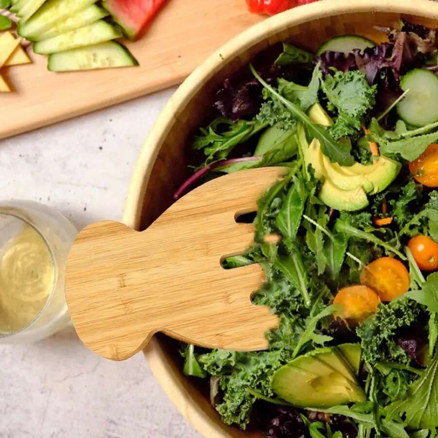 Utensilios de bambú para mezclar ensaladas y verduras, herramienta de cocina para gadgets de cocina - Mostaza Amarilla - Ver 1