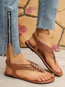 Lace-Up Flat Sandals, Beach Wear For Summer - Brown - View 2