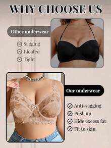 Plus Size Women Fashion Lace Patchwork Underwire Bra - Apricot - View 4