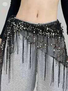 1pc Jazz Dance Waist Chain, Sequin Triangle Scarf For Beginner Hip Scarf Waistband, Street Fashion Accessories, Night Club Party, Festival Celebration, Stage Performance, Shiny Sexy Waist Wrap, Versatile Shawl Drape Summer Fall, Autumn, Halloween - Black - View 2