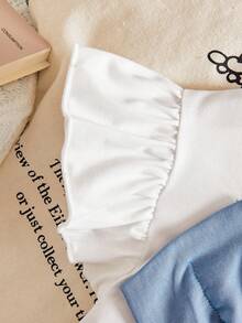 Conjunto de vestido de pastel con lazo dulce para niñas pequeñas - Camiseta blanca con mangas con volantes + Falda plisada azul de varias capas con decoración de lazo grande + Cintura elástica, Estilo princesa Conjunto de 2 piezas para verano, Adecuado para fiesta de cumpleaños, salir con amigos, uso diario, primavera/verano - Azul - Ver 8