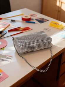 水钻肩带单肩包，拉链晚宴手拿包，高品质腋下包 - 銀色 - 查看 5