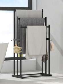 1pc Modern Freestanding Towel Rack, Elegant 3-Tier Black Bathroom Towel Holder With Hooks, Sturdy Floor Standing Towel Bar - Black - View 2