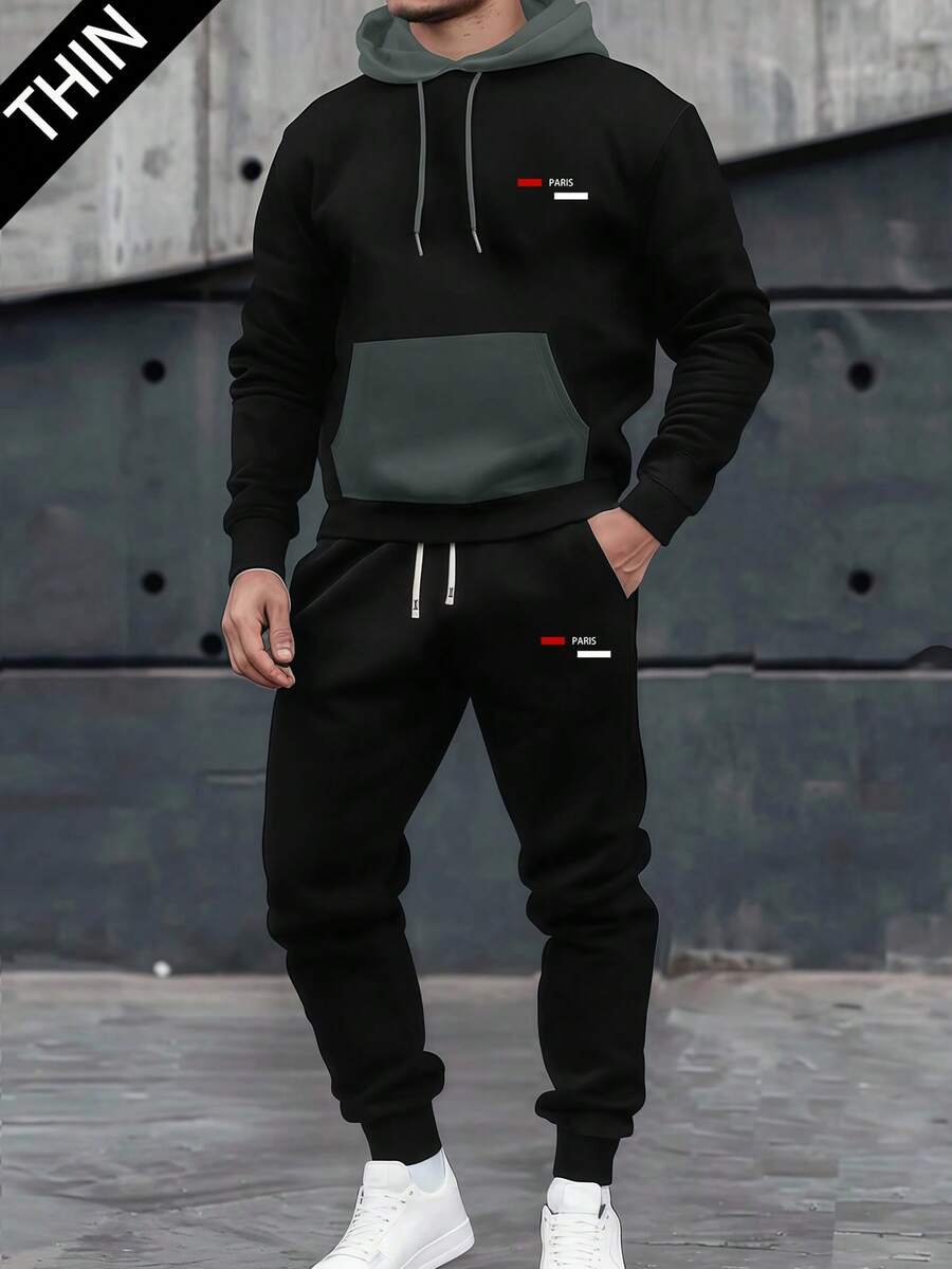 Bộ đồ nam mùa xuân/thu nhẹ nhàng, cá tính, in chữ Paris, phối màu tương phản, gồm áo hoodie và quần, trang phục nam thường ngày có túi, quần cạp chun, bộ 2 món, thích hợp làm quà tặng cho chồng hoặc bạn trai. - Nhiều màu - Xem 1