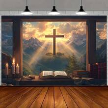 1 Piece Inspirational Christian Backdrop With, Mountains, Candles, Open Bible, Rays, Clouds And Forest Scenery  Durable Polyester Fabric Baptism, First, Tailgate Party, Photography  No Electricity Required - 彩色 - 查看 7