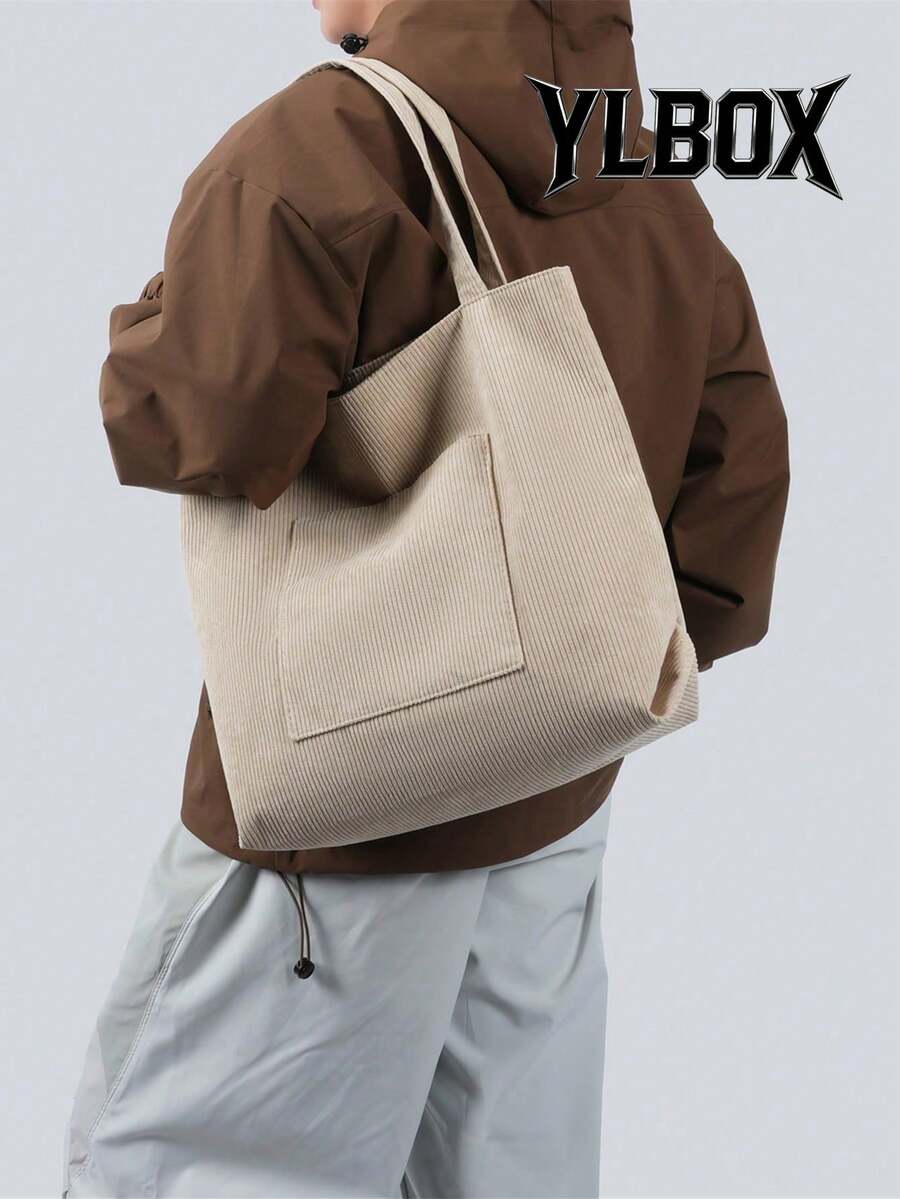 Solid Color Men's One Shoulder Tote Bag, Versatile Shopping Bag, Striped Large Capacity Canvas Bag - Beige - View 1