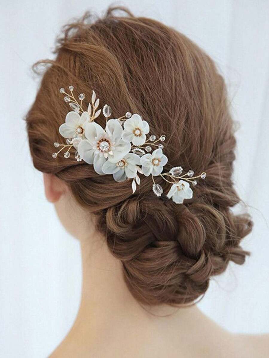 1件手工花朵发梳配饰，优雅新娘婚礼头饰 - 金色 - 查看 1