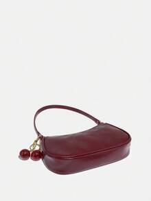 1pc Glossy Lacquered Cherry Ornament, Novelty Hanging Decor, Burgundy Minimalist Women's Shoulder Bag, Zipper Closure, Vintage Style, Underarm Bag, Suitable For Multiple Occasions , Red Bag , Burgundy Bag - 酒紅色 - 查看 5