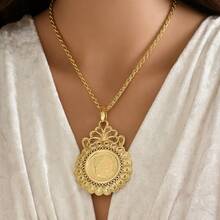1pc Women's Gold Plated Necklace, Hollow Pattern Carved Pendant, 60cm Braided Chain, Algerian Traditional Wedding Accessory - Golden - View 1