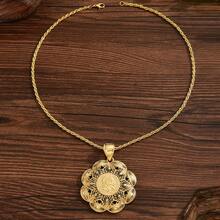 1pc Women's Gold Plated Necklace, Hollow Pattern Carved Pendant, 60cm Braided Chain, Algerian Traditional Wedding Accessory - Golden - View 17