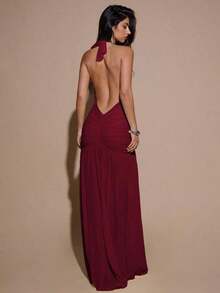 Valentine Outfits For WomenBAE Sexy Minimalist Solid Yellow Cream Deep V-Neck Halter Bodycon Ruched Fitted Women's Maxi Mesh Dress, Suitable For Party, Cocktail, Formal Occasions, Bridesmaid, Birthday, Business Casual, Elegant Women Maxi Dress,Valentine's Day,Valentine Fits For WomenLoose And Comfortablevalentine's Day - 酒紅色 - 查看 2