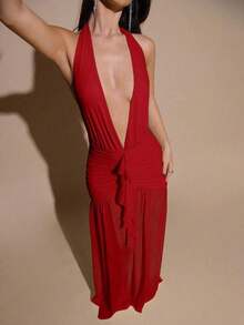2026 Dresses For WomenBAE Sexy Minimalist Solid Yellow Cream Deep V-Neck Halter Bodycon Ruched Fitted Women's Maxi Mesh Dress, Suitable For Party, Cocktail, Formal Occasions, Bridesmaid, Birthday, Business Casual, Elegant Women Maxi Dress,Valentine's Day,Valentine Fits For WomenLoose And Comfortablevestidos - 紅色 - 查看 6