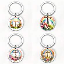 "Easter Resurrection Keychain - Stainless Steel Round With Jesus, Cross & Egg, Believer's Easter Sunday Accessory & Meaningful Christian Gift " - Multicolor - View 3