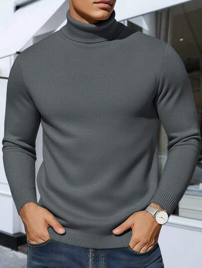 Men's Turtleneck Jumper Lightweight Knitted Plain Sweater Long Sleeve Thermal Midlayer Pullover