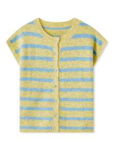 Women's Crew Neck Knit Cardigan Short Sleeve Stripes Print Button Down Sweater Outwear - 黃色 - 查看 1