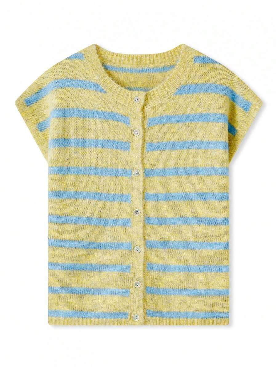 Women's Crew Neck Knit Cardigan Short Sleeve Stripes Print Button Down Sweater Outwear - 黃色 - 查看 1