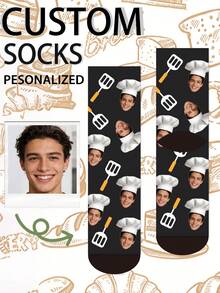 1 Pair Customized Boat Socks With Bow Tie Pattern, Personalized Face Design, Couples Socks, Custom Photo Socks, Custom Printed Socks, Personalized Funny Face Pattern Socks, Custom Image Socks, Any Design Can Be Printed On Socks, Anniversary Gift, Valentine's Day Gift, Birthday Gift - Black - View 1