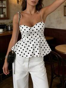 Women's Casual Elegant Versatile Polka Dot Sleeveless Fitted Tank Top With Bow Tie Strap Design And Flared Hem, Suitable For Spring/Summer - Black and White - View 2
