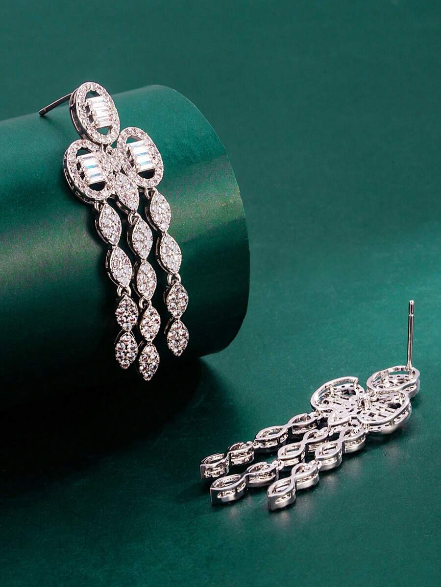 1对Tylionnejewelry奢华女士立方氧化锆吊坠耳环，优雅适合约会、婚礼、派对、周年纪念日 - 銀色 - 查看 1