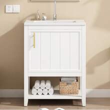 Single Sink Bathroom Vanity Unit, 60 Cm Washbasin Unit With Ceramic Basin And Shelf, White - White - View 1