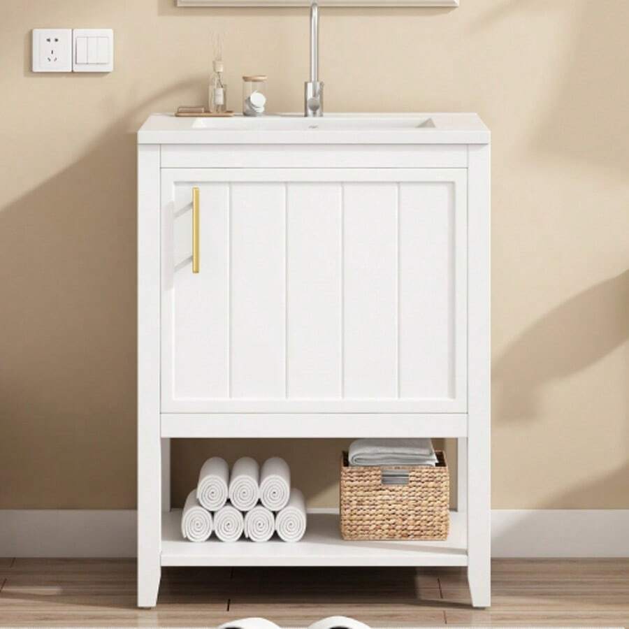 Single Sink Bathroom Vanity Unit, 60 Cm Washbasin Unit With Ceramic Basin And Shelf, White - White - View 1