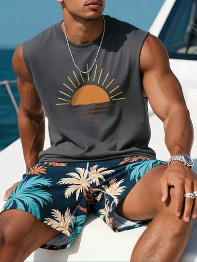 极简日出图案印花男士休闲宽松圆领背心，夏季新品