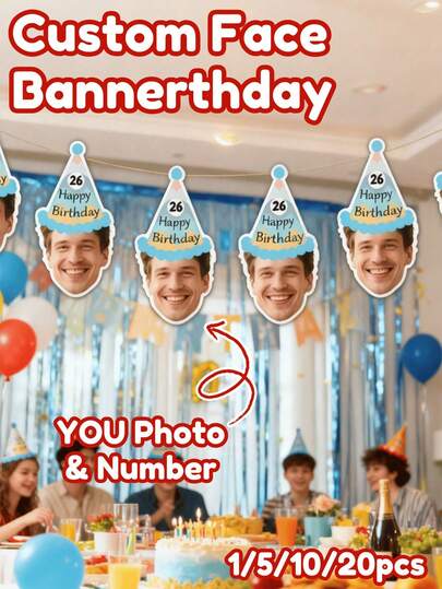 1/5/10/20pcs Optional, 15/20cm 2 Sizes, Customizable Photo Banner Decoration - Personalized Birthday Hat Banner With Custom Face Photo, Birthday Decor, Party Hat Banner Decor, Easy To Hang - Suitable For Birthday, Party, Family Gathering, Holiday - Great For Home, DIY Party Enthusiasts
