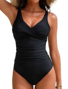 Women's One Piece Swimsuits Ruched Slimming Bathing Suits For Women V Neck Criss Cross Ruched Push Up Slimming Swimwear - 黑色 - 查看 9