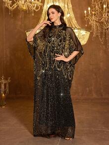 Vestido de noche de satén con cuello Mao, manga larga y aplicaciones de strass hechas a mano para mujer SUPGIR - Negro - Ver 1