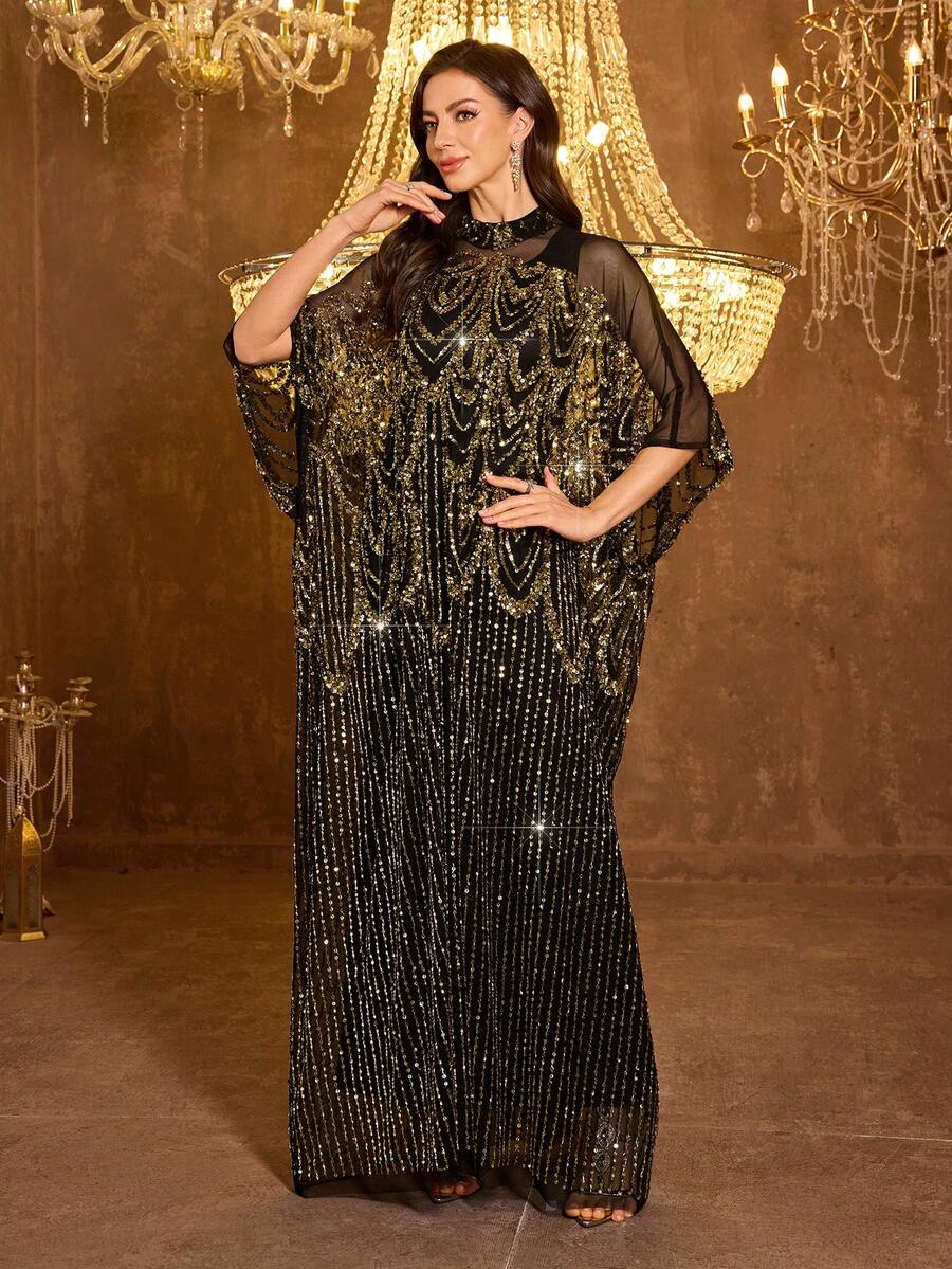 Vestido de noche de satén con cuello Mao, manga larga y aplicaciones de strass hechas a mano para mujer SUPGIR - Negro - Ver 1