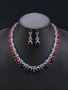 一套三件装奢华立方氧化锆首饰项链耳环套装，时尚个性化项链，可搭配晚礼服，情人节礼物 - 珠寶套裝 - 查看 15